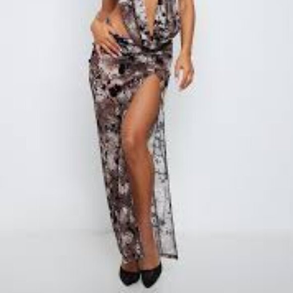 NWT - PrettyLittleThing Brown Floral Side Slit Skirt - Picture 1 of 14
